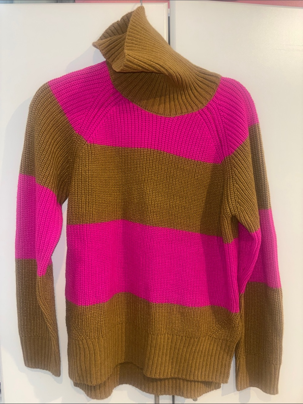 Who What Wear Bold Stripe Turtleneck Sweater in Hot Pink and Brown
